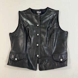 B&J Genuine Leather Vest Women XL Black Rhinestone Button Front Mixed Media Moto